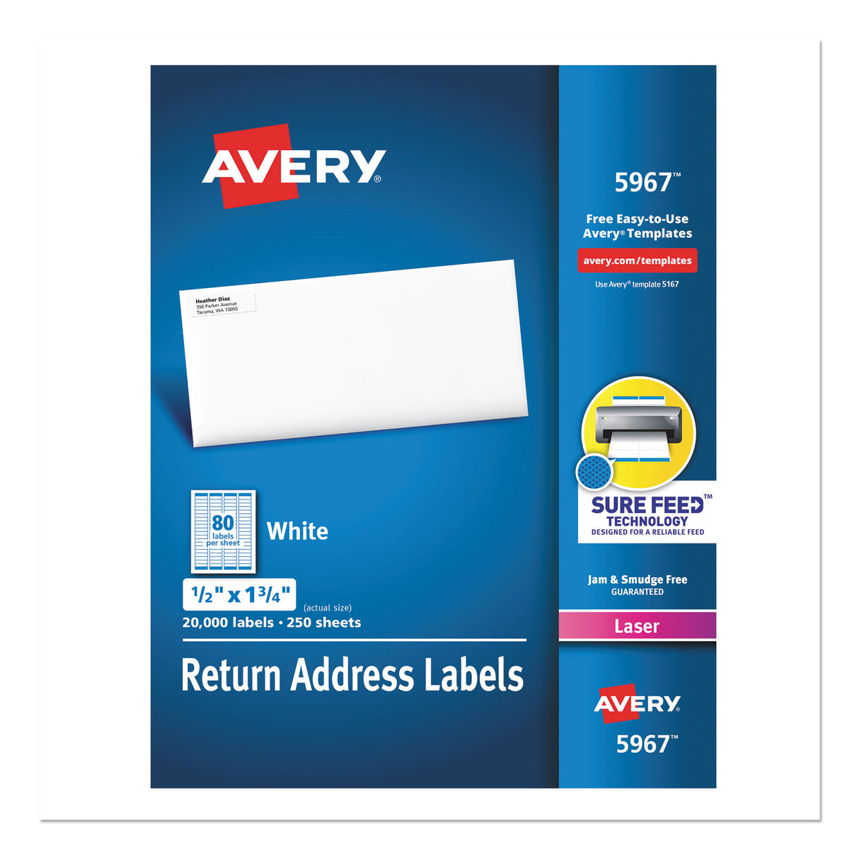 Avery White Address Labels w/ Sure Feed Technology for Laser Printers, Laser Printers, 0.5 x 1.75, White, 80/Sheet, 250 Sheets/Box (5967)