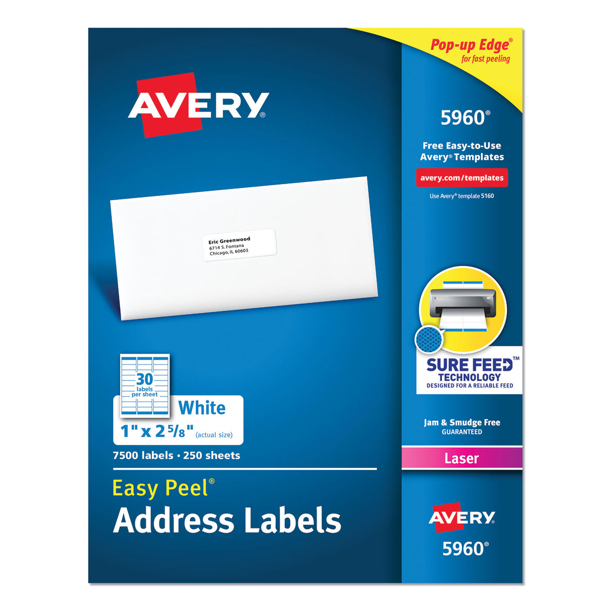 Avery Easy Peel White Address Labels w/ Sure Feed Technology, Laser Printers, 1 x 2.63, White, 30/Sheet, 250 Sheets/Pack (5960)