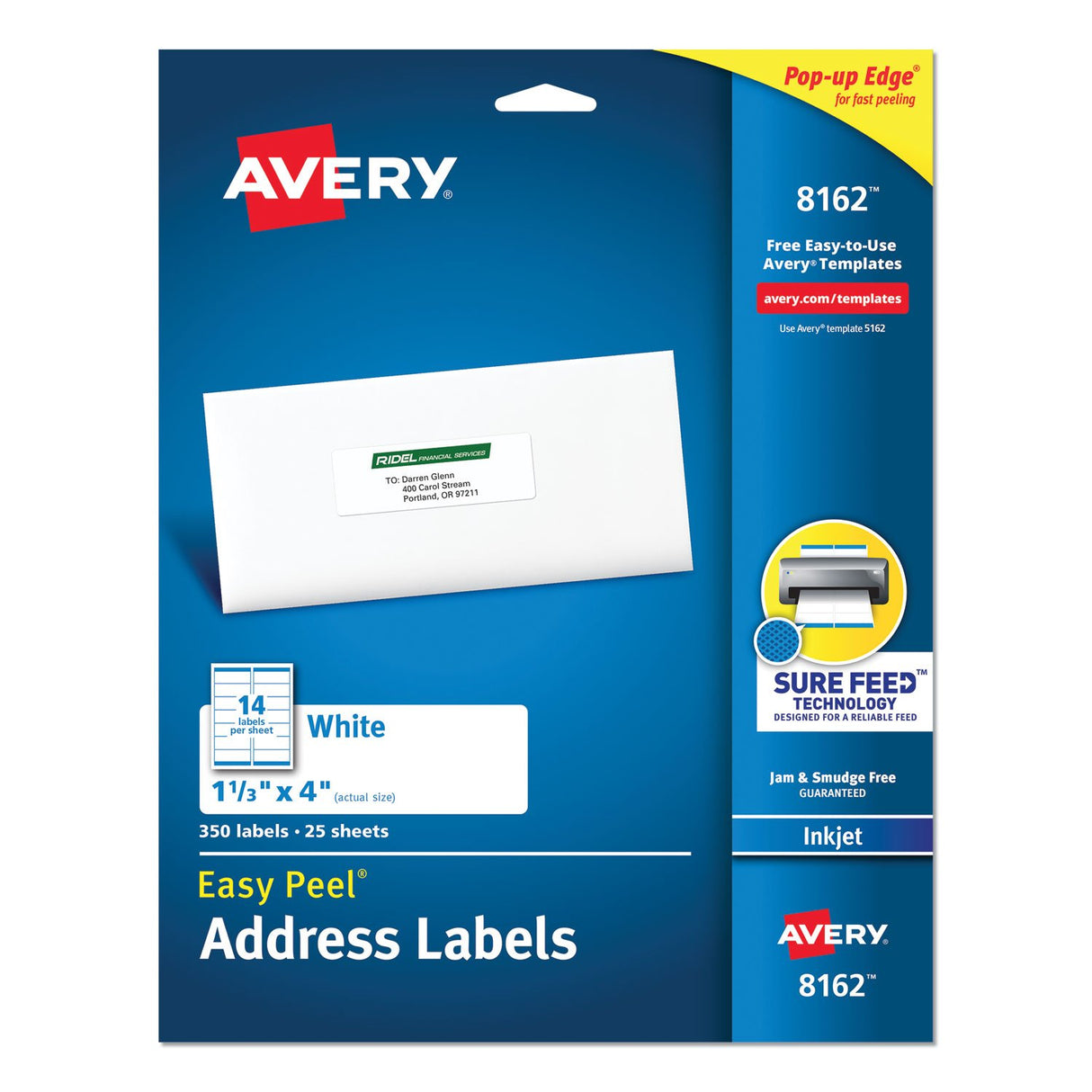 Avery Easy Peel White Address Labels w/ Sure Feed Technology, Inkjet Printers, 1.33 x 4, White, 14/Sheet, 25 Sheets/Pack (8162)
