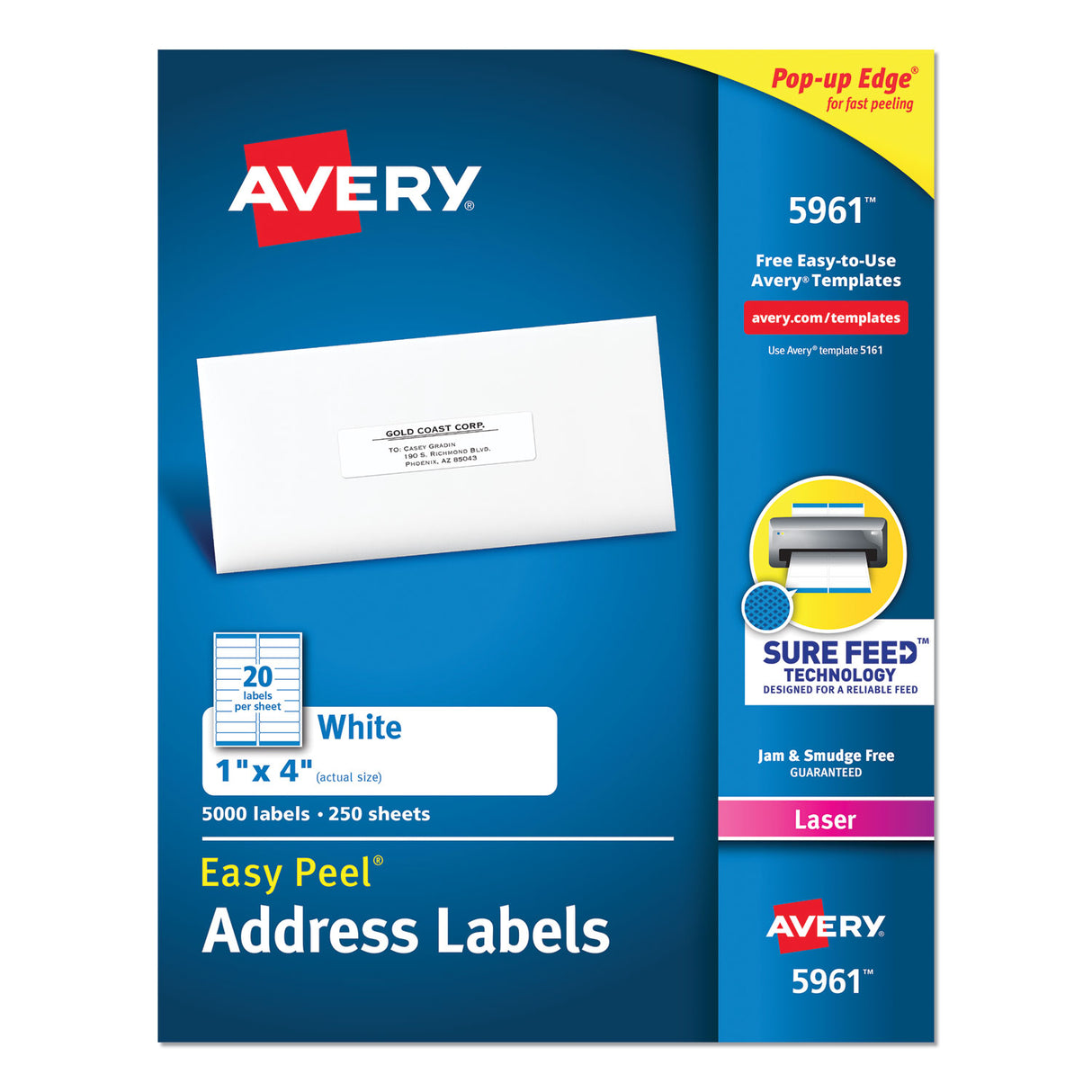 Avery Easy Peel White Address Labels w/ Sure Feed Technology, Laser Printers, 1 x 4, White, 20/Sheet, 250 Sheets/Box (5961)