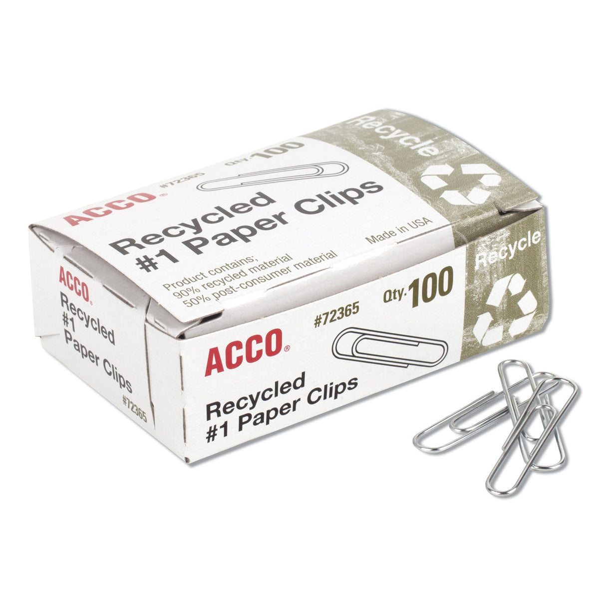 Acco® Recycled Paper Clips, No. 1 Size, 100/Box, 10 Boxes/Pack (72365)