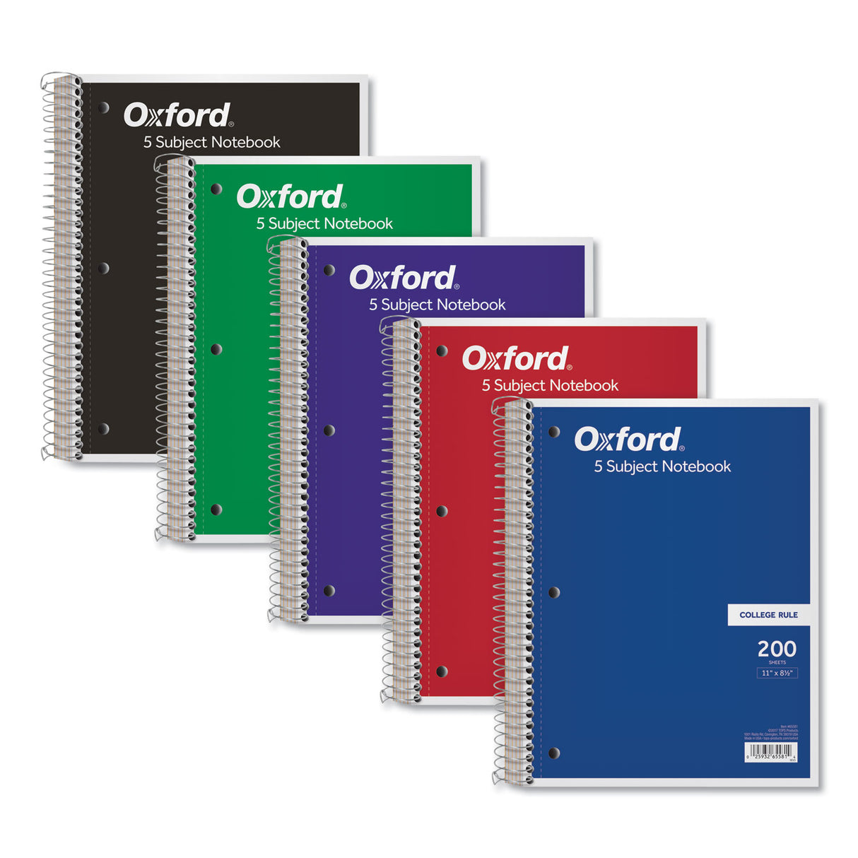 Oxford Coil-Lock Wirebound Notebook, 3-Hole Punched, 5-Subject, Medium/College Rule, Randomly Assorted Covers, (200) 11 x 8.5 Sheets (65581)