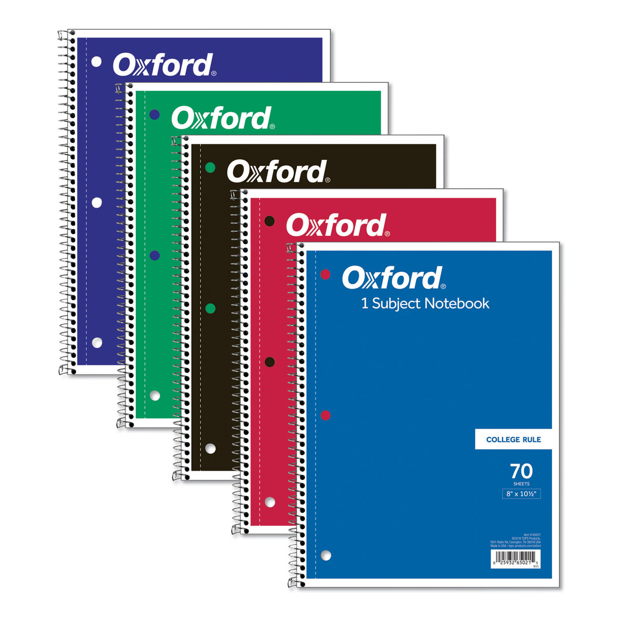 Oxford Coil-Lock Wirebound Notebooks, 3-Hole Punched, 1-Subject, Medium/College Rule, Randomly Assorted Covers, (70) 10.5 x 8 Sheets (65021)