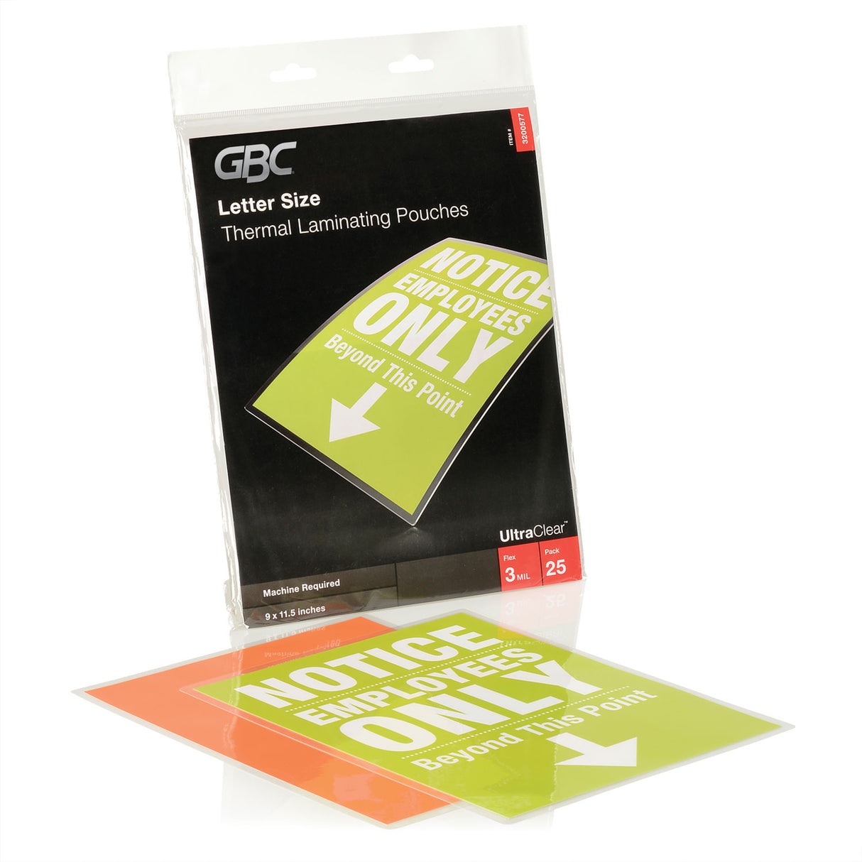 GBC UltraClear Thermal Laminating Pouches, 3 mil, 9" x 11.5", Gloss Clear, 25/Pack (3200577B)