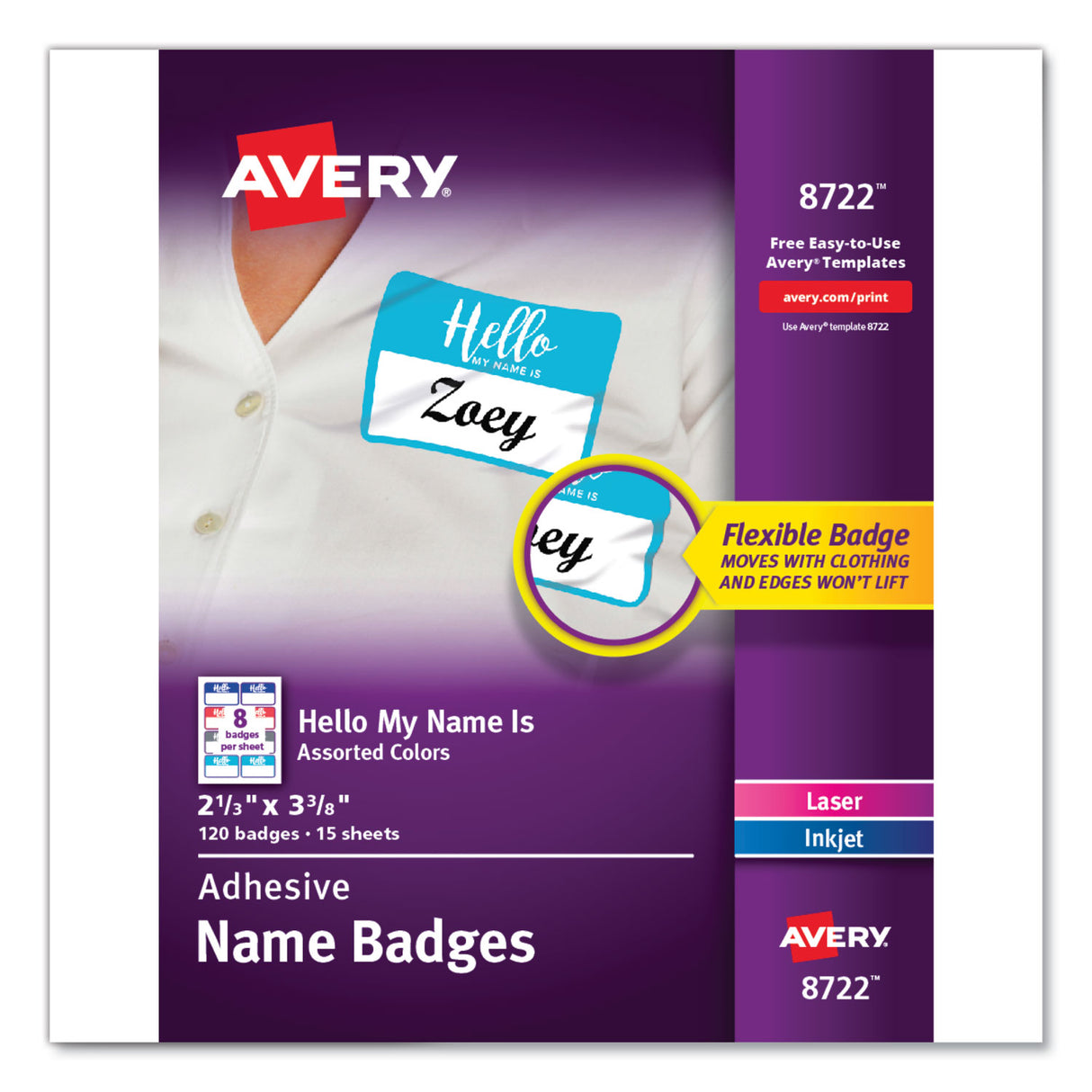 Avery Flexible Adhesive Name Badge Labels, "Hello", 3 3/8 x 2 1/3, Assorted, 120/PK (8722)