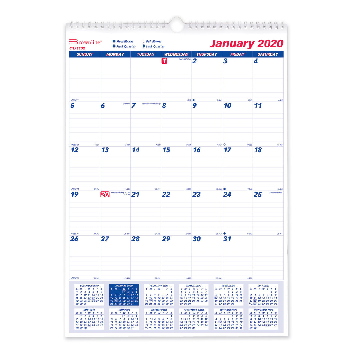 Brownline Twin-Wirebound Wall Calendar, One Month per Page, 12 x 17, White Sheets, 12-Month (Jan to Dec): 2025 (C171102)