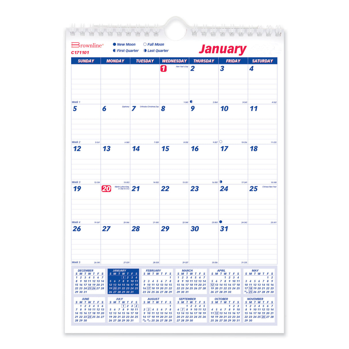 Brownline Twin-Wirebound Wall Calendar, One Month per Page, 8 x 11, White Sheets, 12-Month (Jan to Dec): 2025 (C171101)