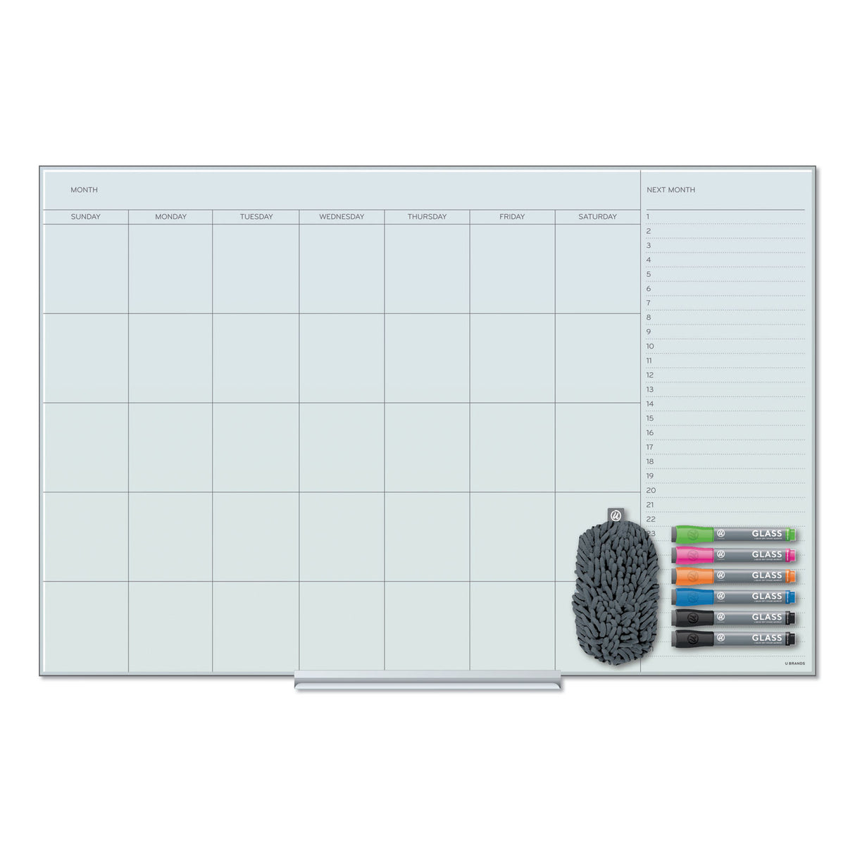 U Brands Floating Glass Dry Erase Undated One Month Calendar, 35 x 23, White (3967U0001)