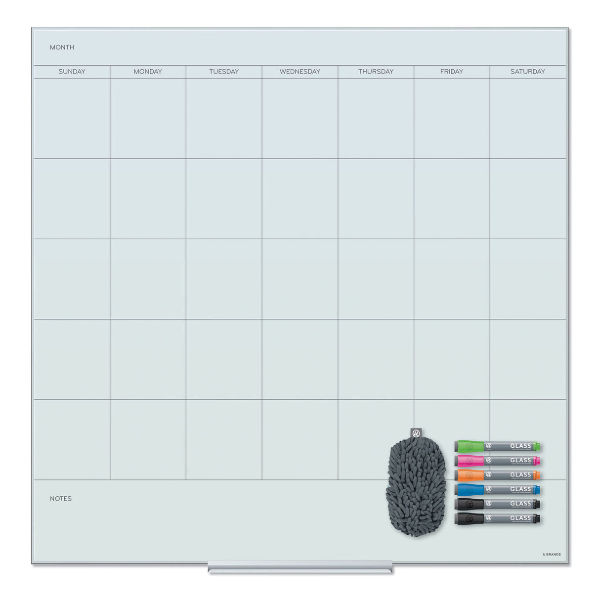 U Brands Floating Glass Dry Erase Undated One Month Calendar, 35 x 35, White (3968U0001)