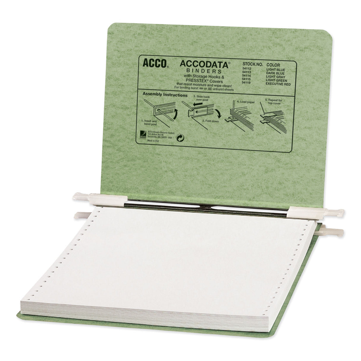 Acco PRESSTEX Covers with Storage Hooks, 2 Posts, 6" Capacity, 9.5 x 11, Light Green (54115)