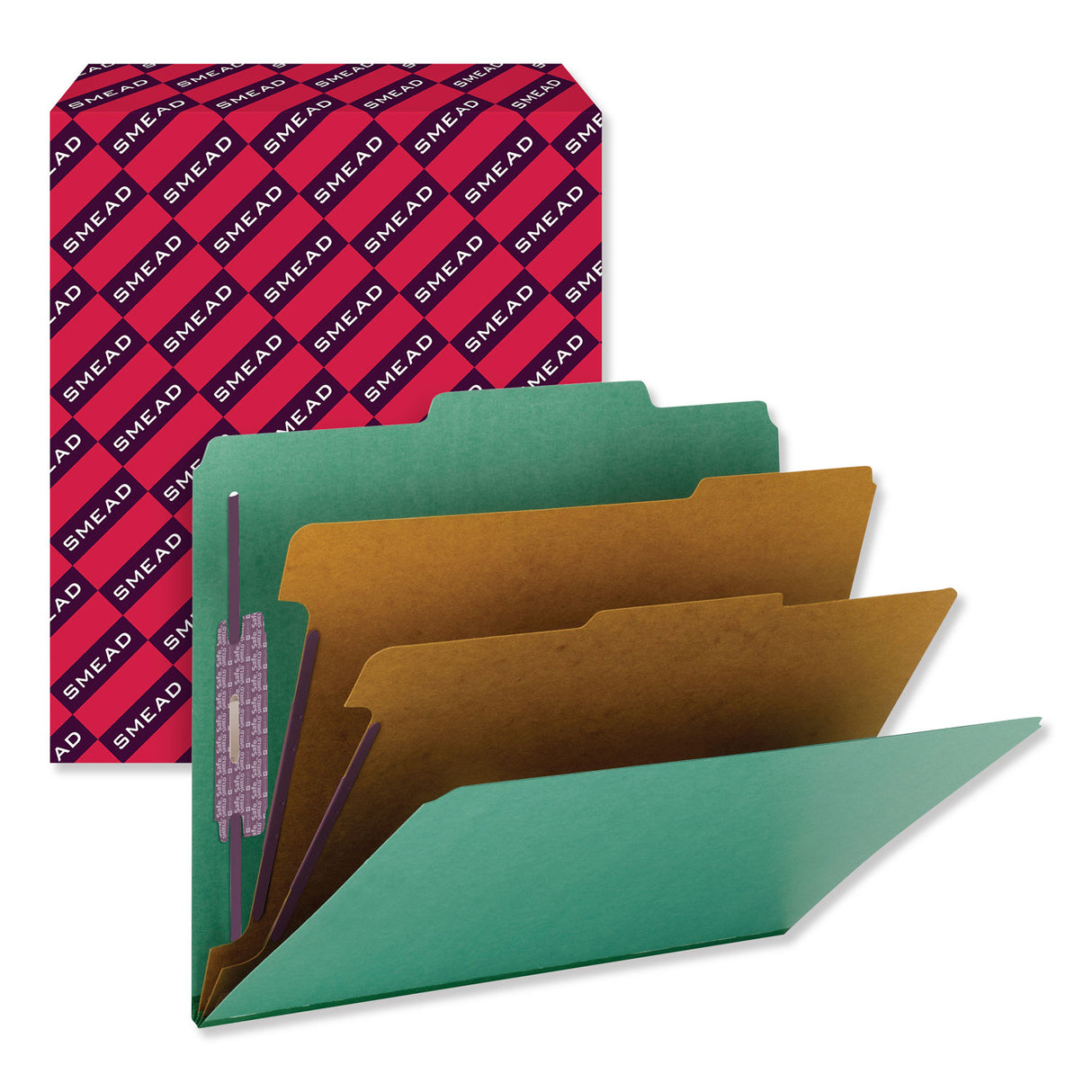 Smead Six-Section Pressboard Top Tab Classification Folders, Six SafeSHIELD Fasteners, 2 Dividers, Letter Size, Green, 10/Box (14033)