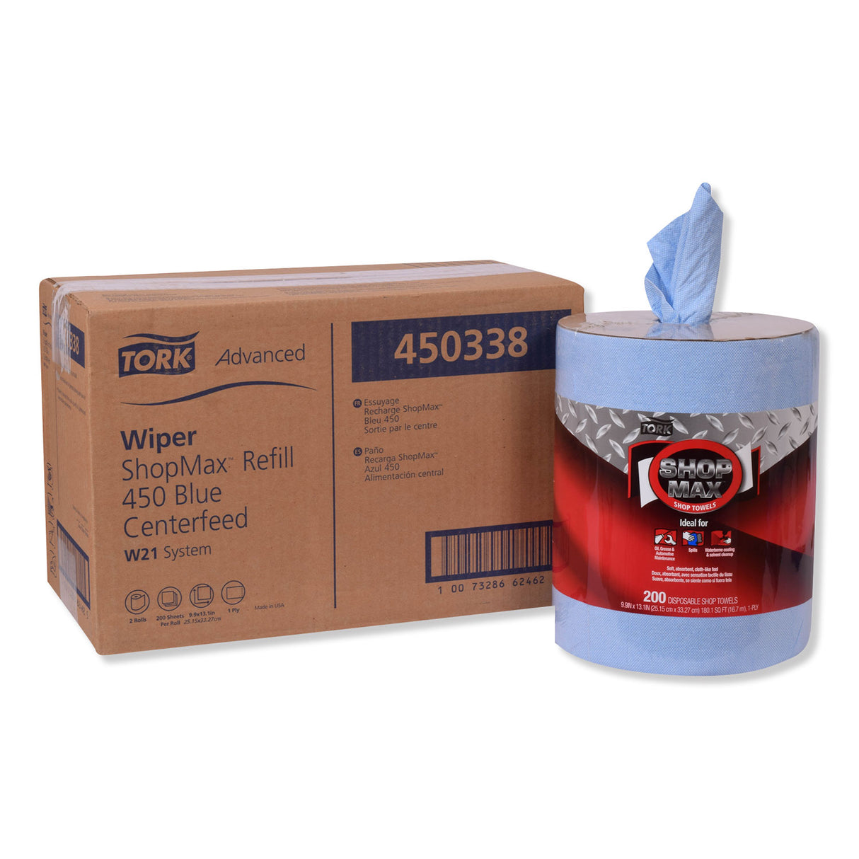 Tork® Centerfeed ShopMax Wiper 450, Blue, 200 wipers, 2 Rolls (450338)