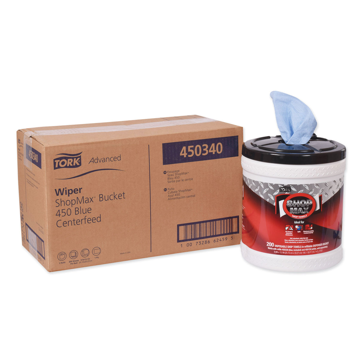 Tork® ShopMax Wiper 450, Blue, 200 Wipers, 2 Buckets (450340)