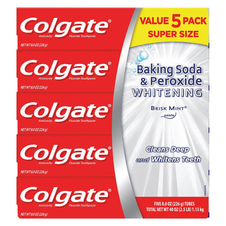 Colgate Baking Soda & Peroxide Toothpaste (5-Pack, 8 oz Each) | Brisk Mint for Whitening & Freshness Colgate