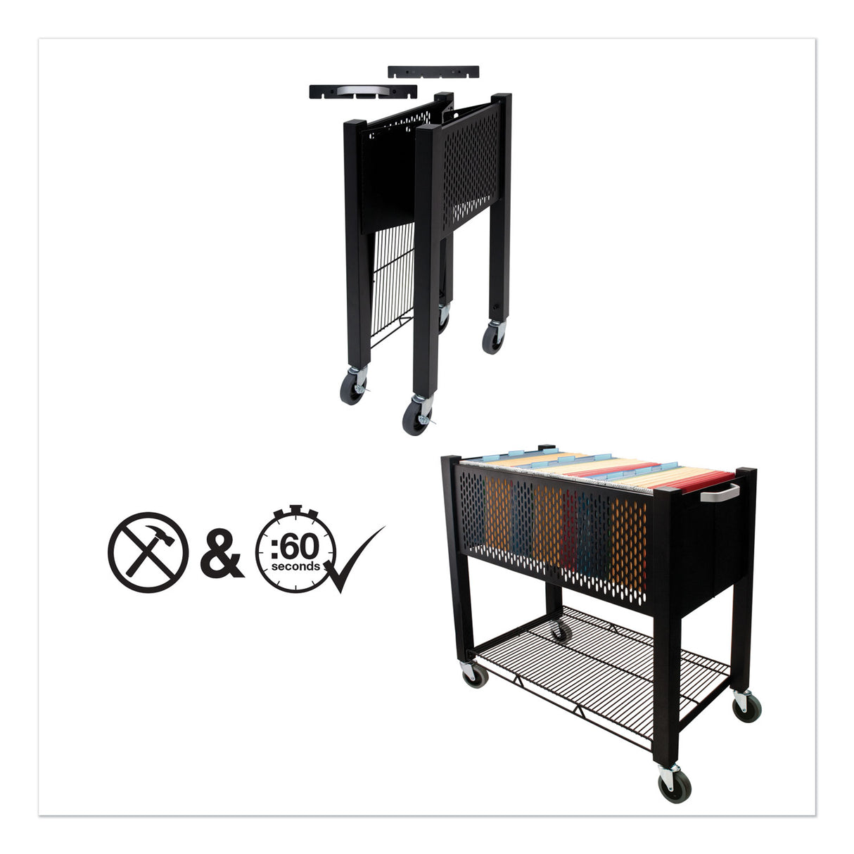 Vertiflex InstaCart File Cart, Metal, 1 Shelf, 1 Bin, 14.25" x 28.5" x 27.75", Black (VF53000)