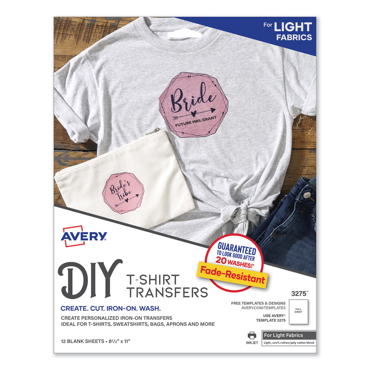 Avery Fabric Transfers, 8.5 x 11, White, 12/Pack (3275)