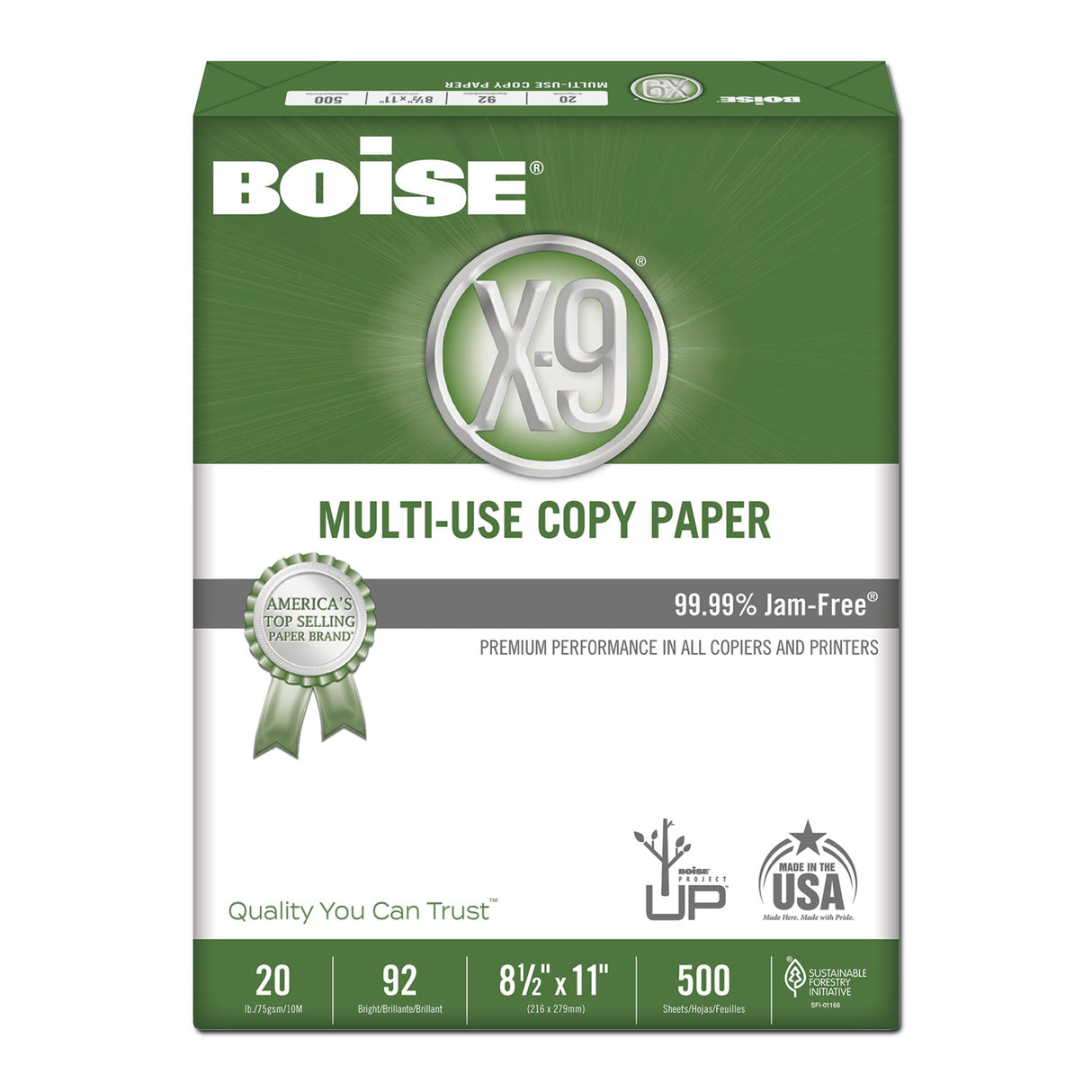 Boise X-9 Multi-Use Copy Paper, 92 Bright, 20 lb Bond Weight, 8.5 x 11, White, 500 Sheets/Ream, 5 Reams/Carton (OX9001JR)