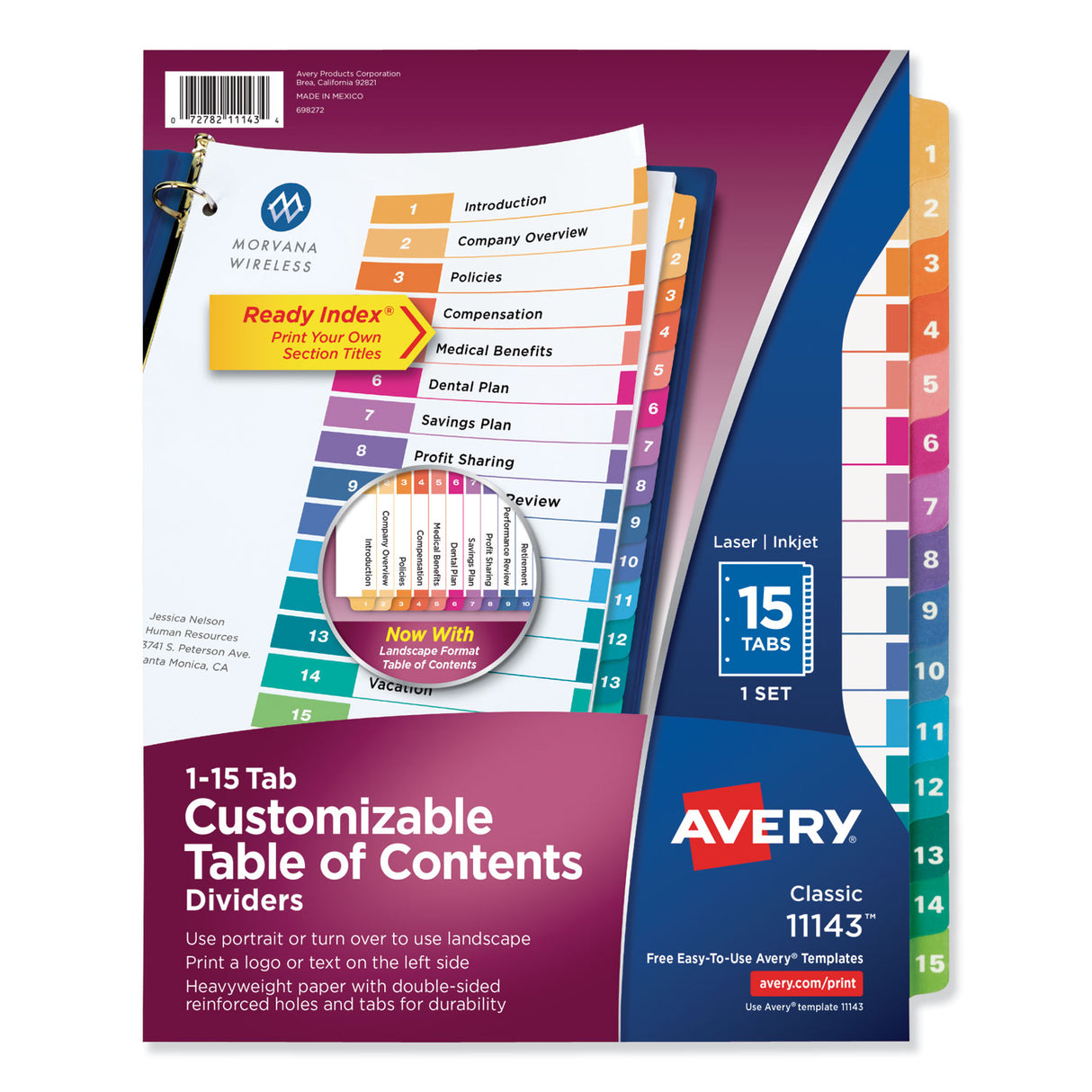 Avery Customizable TOC Ready Index Multicolor Tab Dividers, 15-Tab, 1 to 15, 11 x 8.5, White, Traditional Color Tabs, 1 Set (11143)