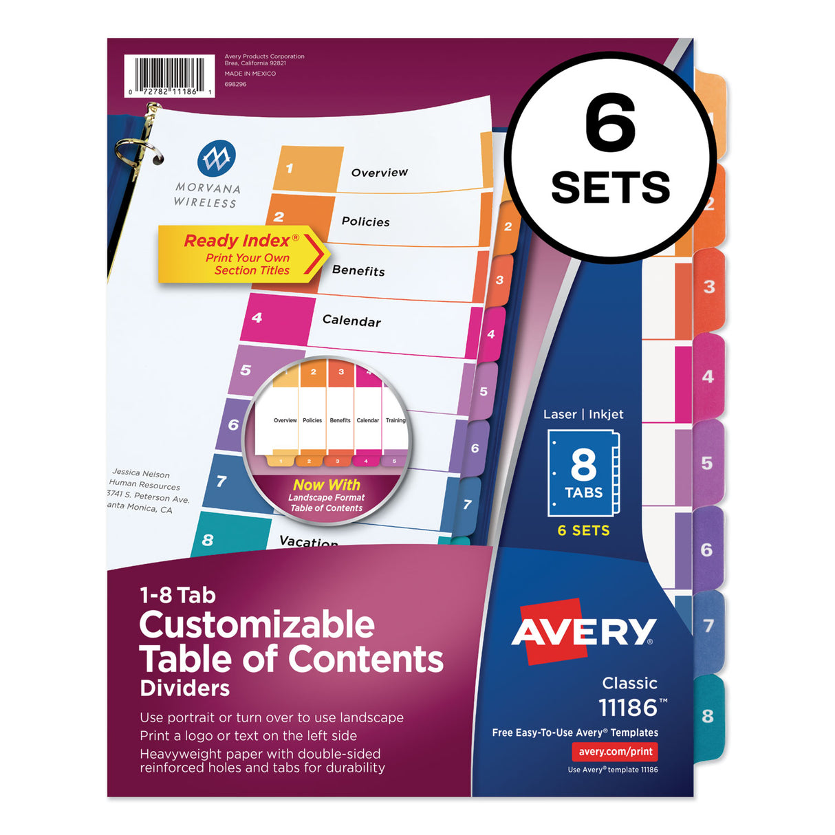 Avery Customizable TOC Ready Index Multicolor Tab Dividers, 8-Tab, 1 to 8, 11 x 8.5, White, Traditional Color Tabs, 6 Sets (11186)