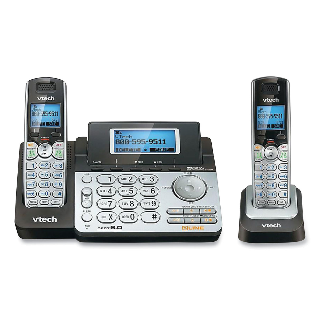 Vtech DS6151-2 Two-Handset Two-Line Cordless Phone with Answering System, Black/Silver (80088300)