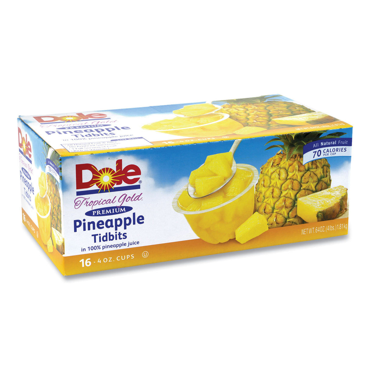 Dole Tropical Gold Premium Pineapple Tidbits, 4 oz Bowls, 16 Bowls/Carton (22000474)
