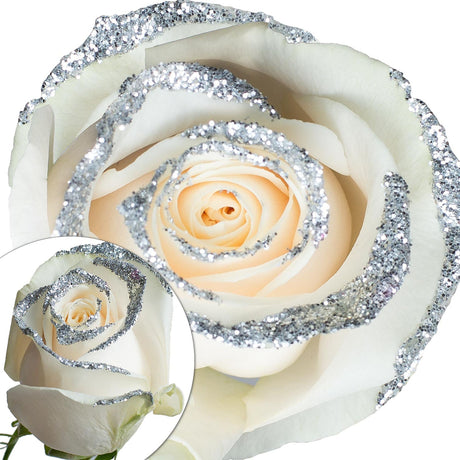 White & Silver Glitter Roses | Elegant Faux Floral Accent with Sparkle Finish InBloom Group