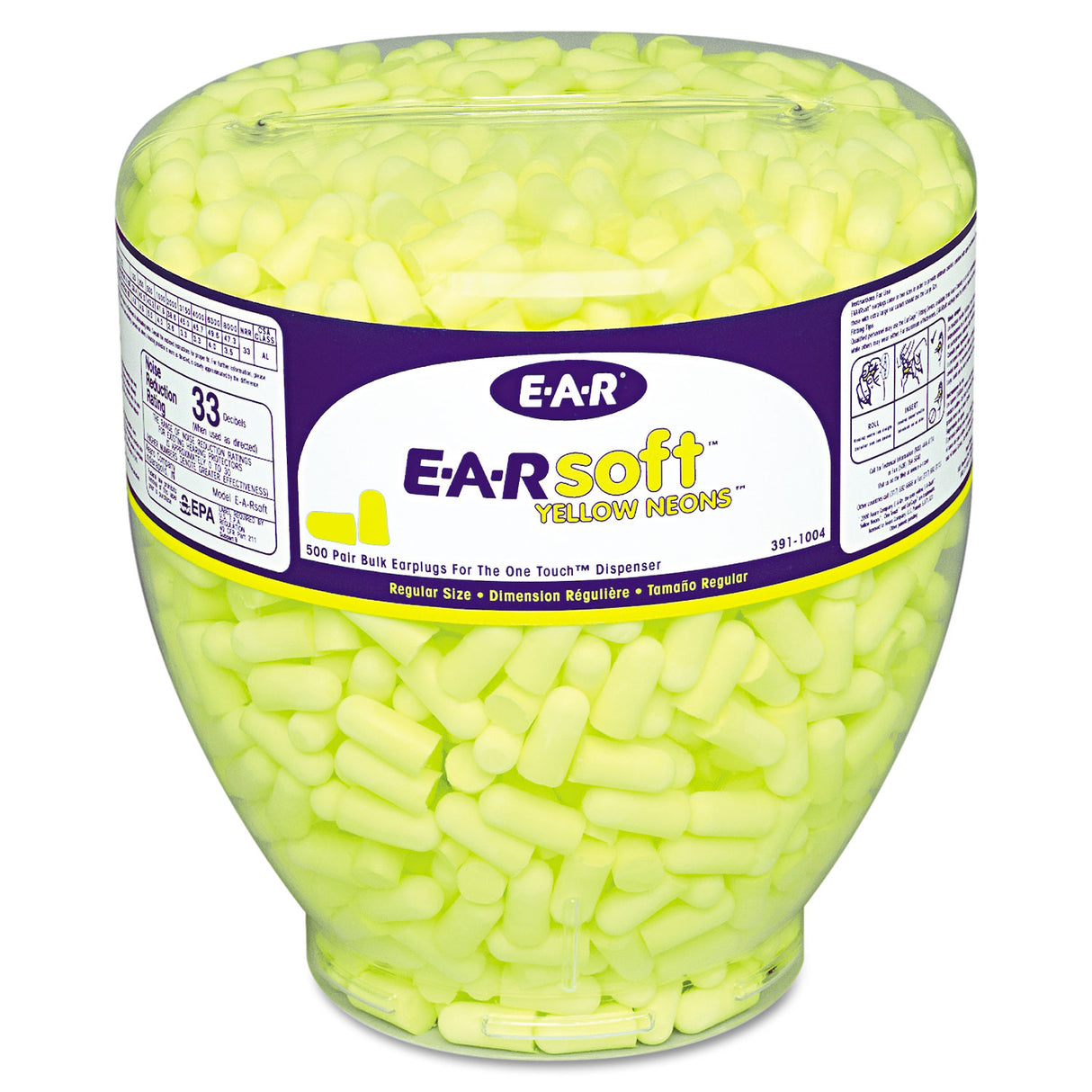 3M E-A-Rsoft Neon Tapered Earplug Refill, Cordless, Yellow, 500/Box (3911004)