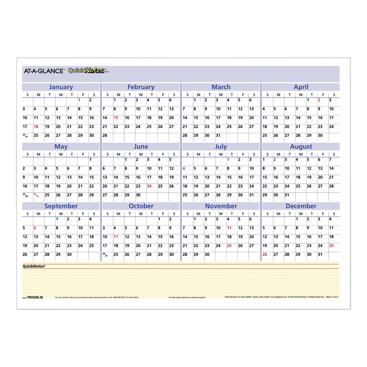 AT-A-GLANCE QuickNotes Mini Erasable Wall Planner, 16 x 12, White/Blue/Yellow Sheets, 12-Month (Jan to Dec): 2025 (PM550B28)