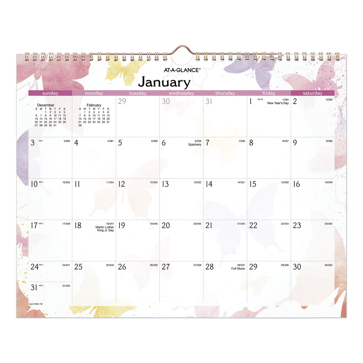 AT-A-GLANCE Watercolors Recycled Monthly Wall Calendar, Butterflies Artwork, 15 x 12, White/Multicolor Sheets, 12-Month (Jan-Dec): 2025 (PM91707)