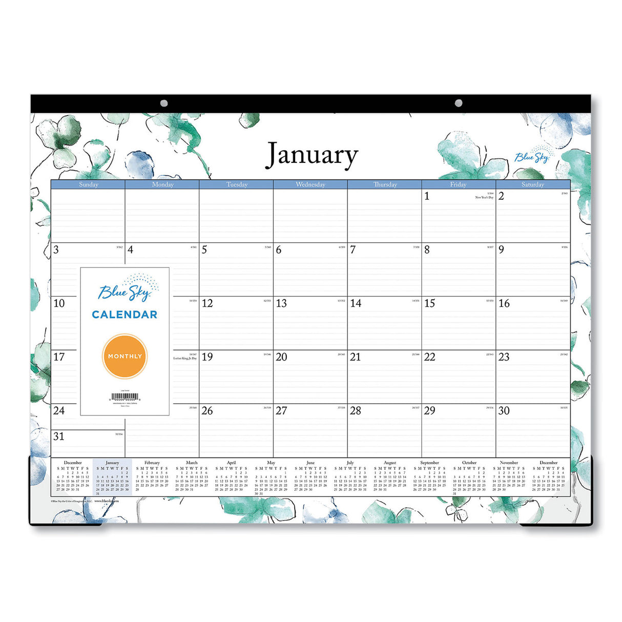 Blue Sky Lindley Desk Pad, Floral Artwork, 22 x 17, White/Blue/Green Sheets, Black Binding, Clear Corners, 12-Month (Jan to Dec): 2025 (100018)