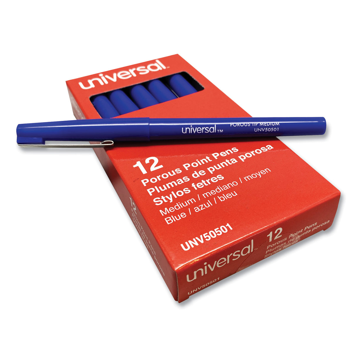 Universal Porous Point Pen, Stick, Medium 0.7 mm, Blue Ink, Blue Barrel, Dozen (UNV50501)