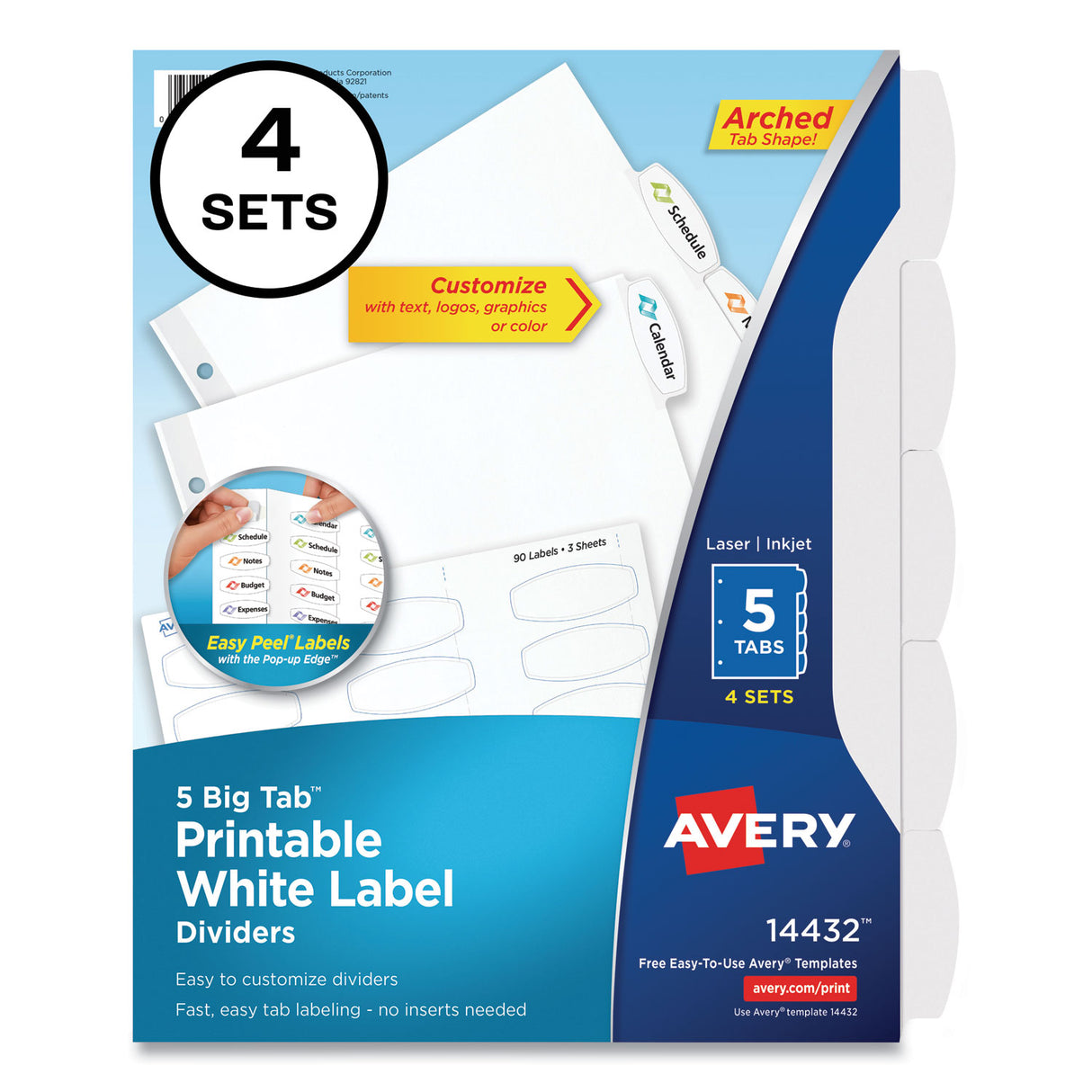 Avery Big Tab Printable White Label Tab Dividers, 5-Tab, 11 x 8.5, White, 4 Sets (14432)
