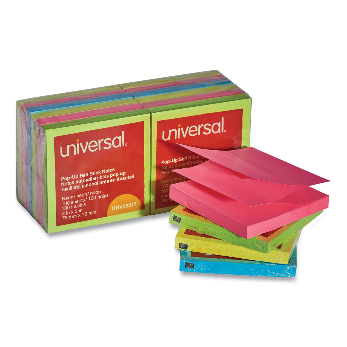 Universal Fan-Folded Self-Stick Pop-Up Note Pads, 3" x 3", Assorted Neon Colors, 100 Sheets/Pad, 12 Pads/Pack (UNV35617)