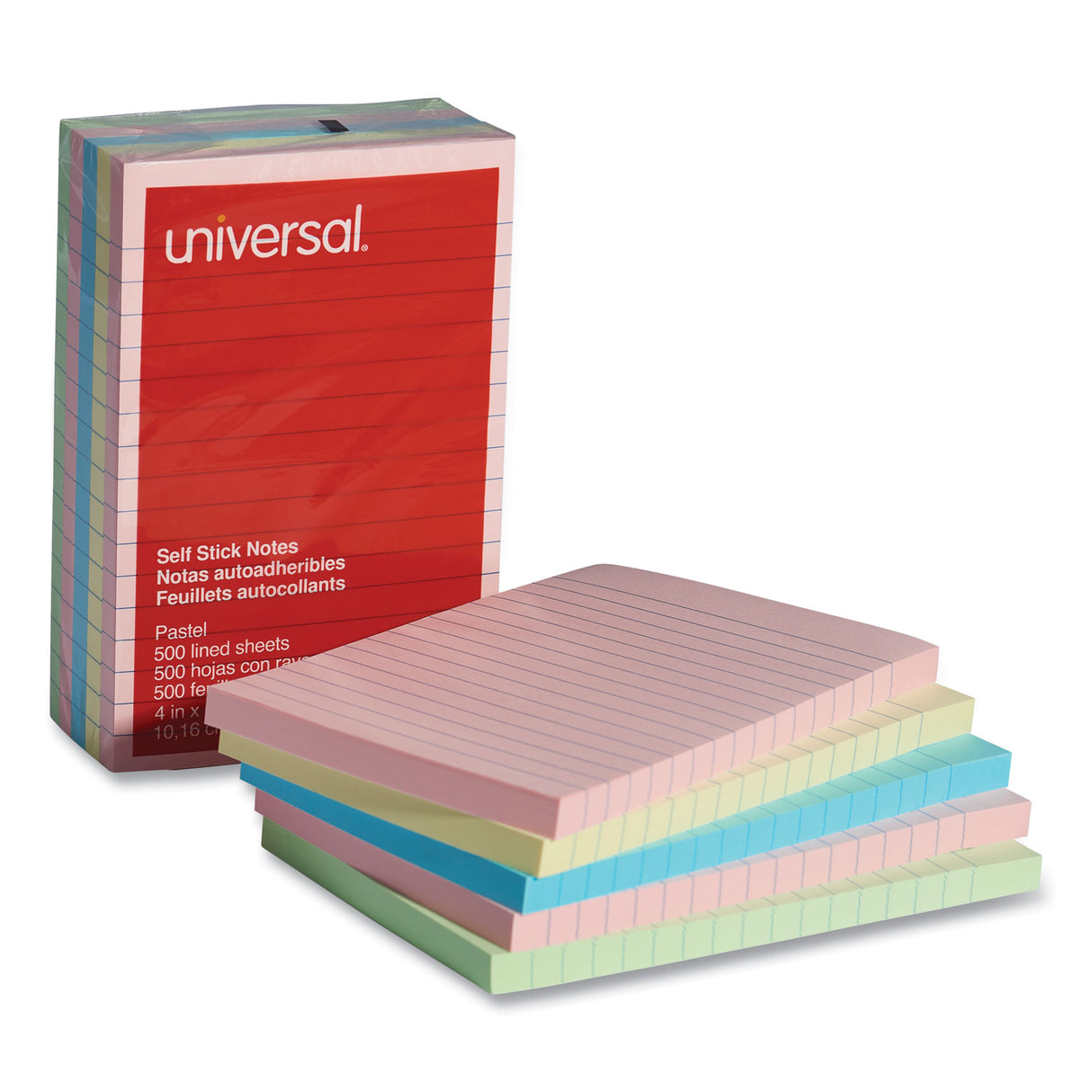 Universal Self-Stick Note Pads, Note Ruled, 4" x 6", Assorted Pastel Colors, 100 Sheets/Pad, 5 Pads/Pack (UNV35616)
