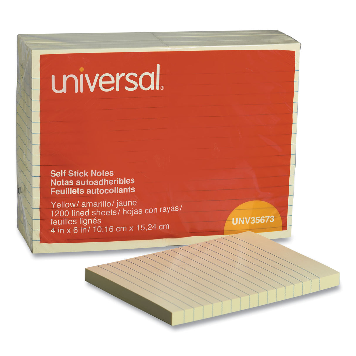 Universal Self-Stick Note Pads, Note Ruled, 4" x 6", Yellow, 100 Sheets/Pad, 12 Pads/Pack (UNV35673)