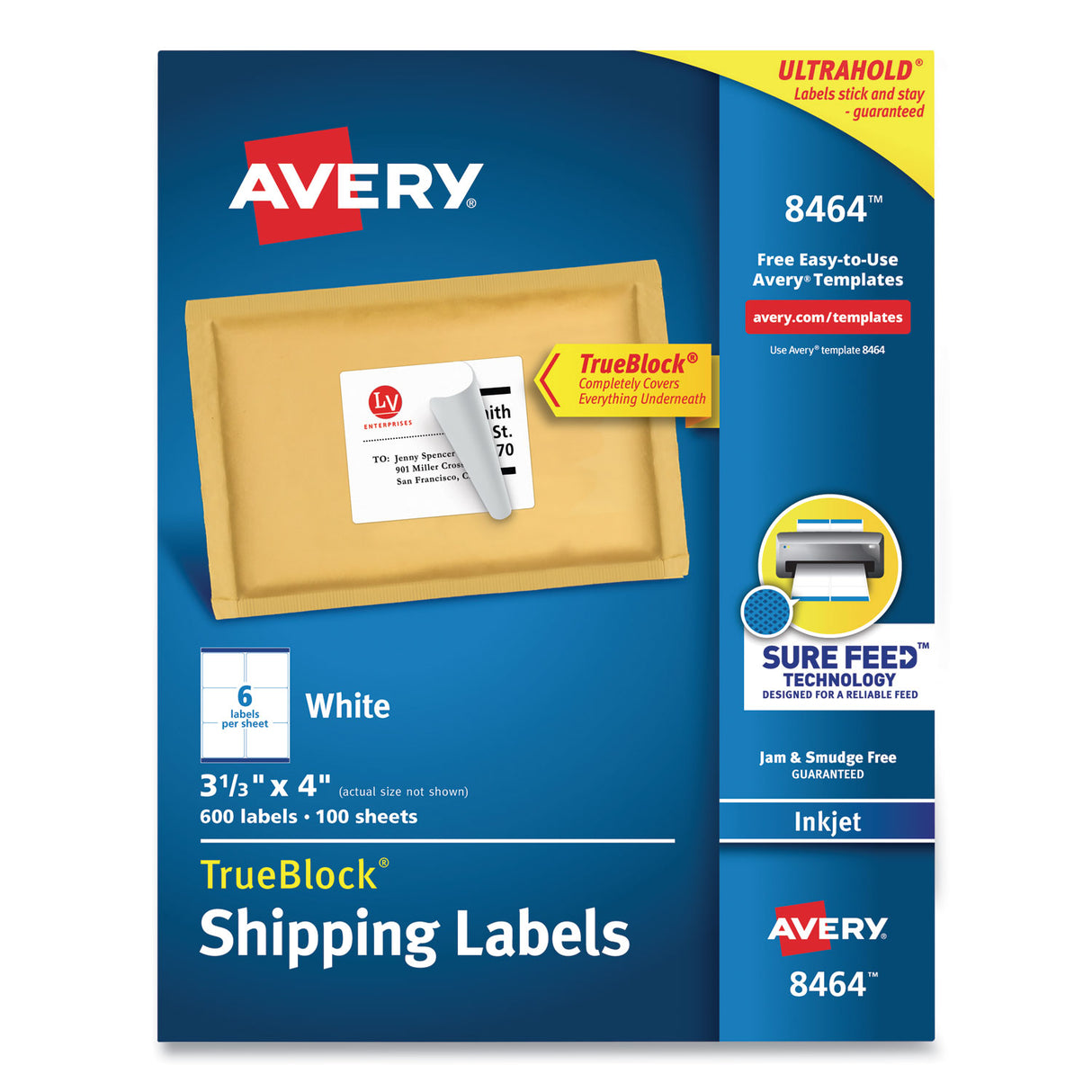 Avery Shipping Labels w/ TrueBlock Technology, Inkjet Printers, 3.33 x 4, White, 6/Sheet, 100 Sheets/Box (8464)