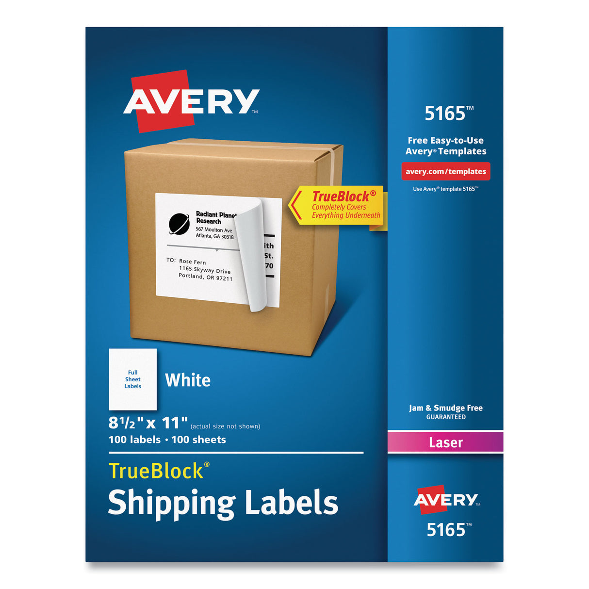 Avery Shipping Labels with TrueBlock Technology, Laser Printers, 8.5 x 11, White, 100/Box (5165)