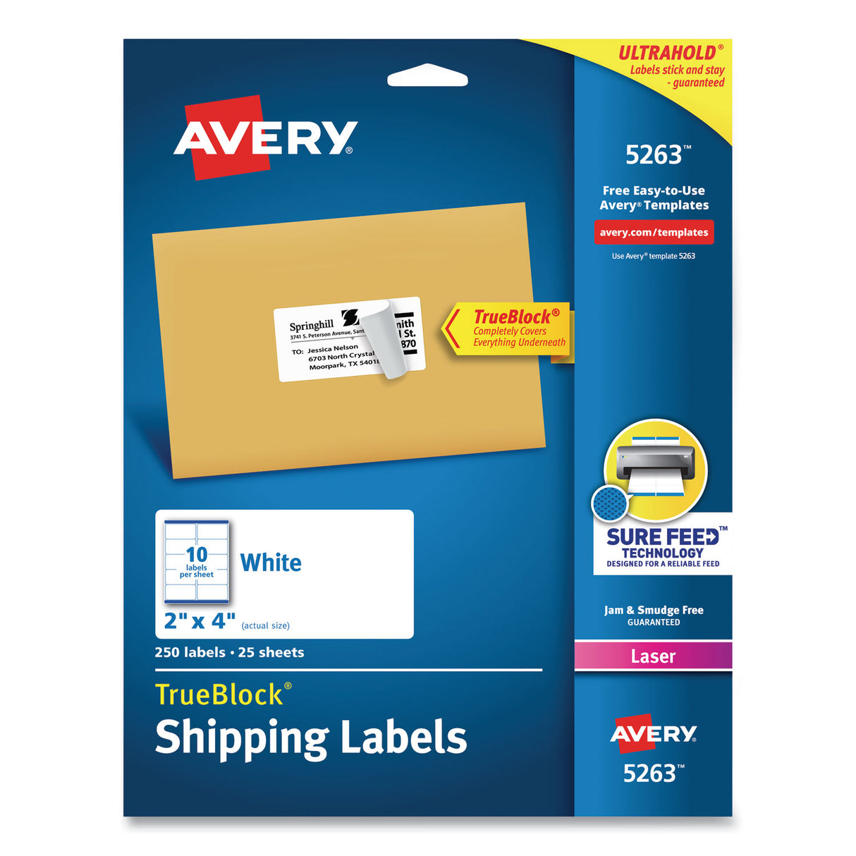 Avery Shipping Labels w/ TrueBlock Technology, Laser Printers, 2 x 4, White, 10/Sheet, 25 Sheets/Pack (5263)