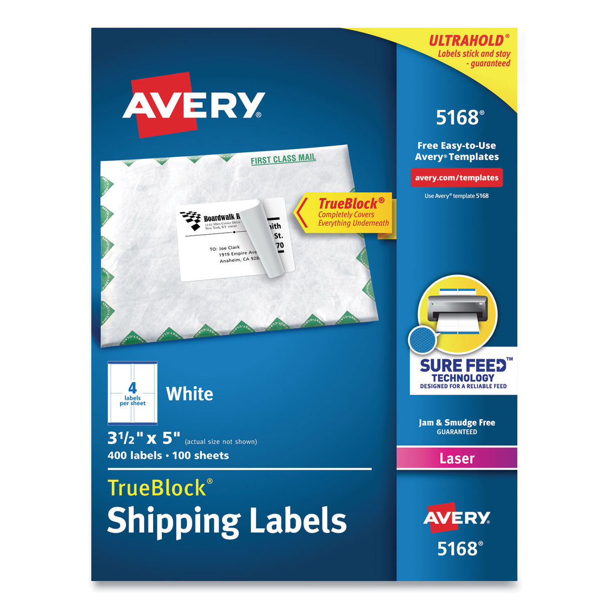 Avery Shipping Labels w/ TrueBlock Technology, Laser Printers, 3.5 x 5, White, 4/Sheet, 100 Sheets/Box (5168)