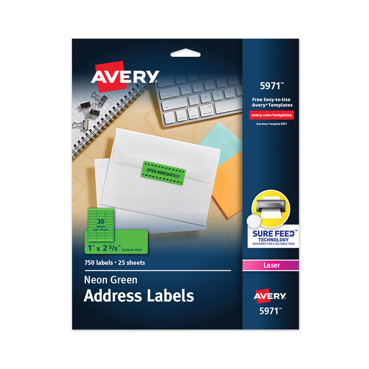 Avery High-Visibility Permanent Laser ID Labels, 1 x 2.63, Neon Green, 750/Pack (5971)