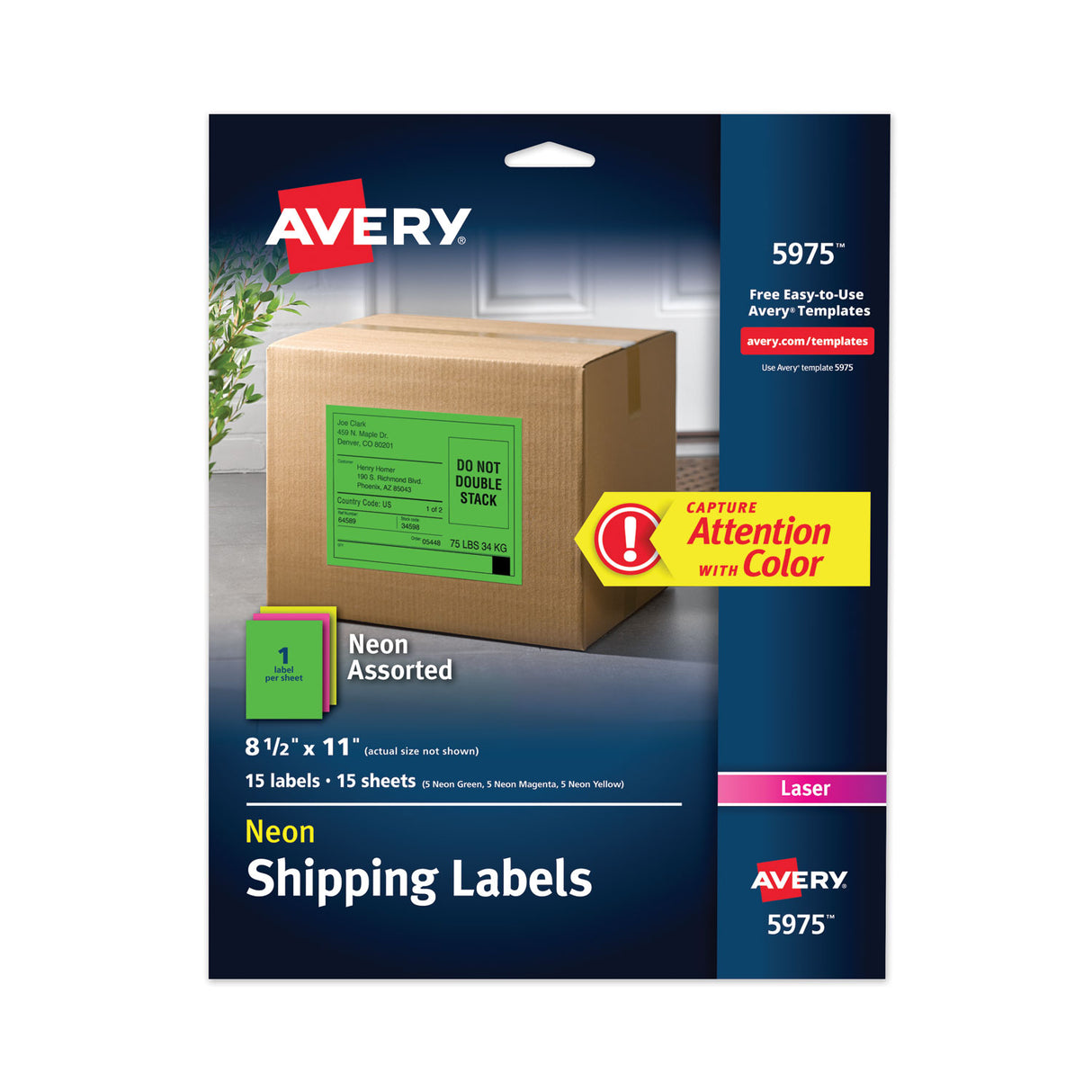 Avery High-Visibility Permanent Laser ID Labels, 8.5 x 11, Asst. Neon, 15/Pack (5975)