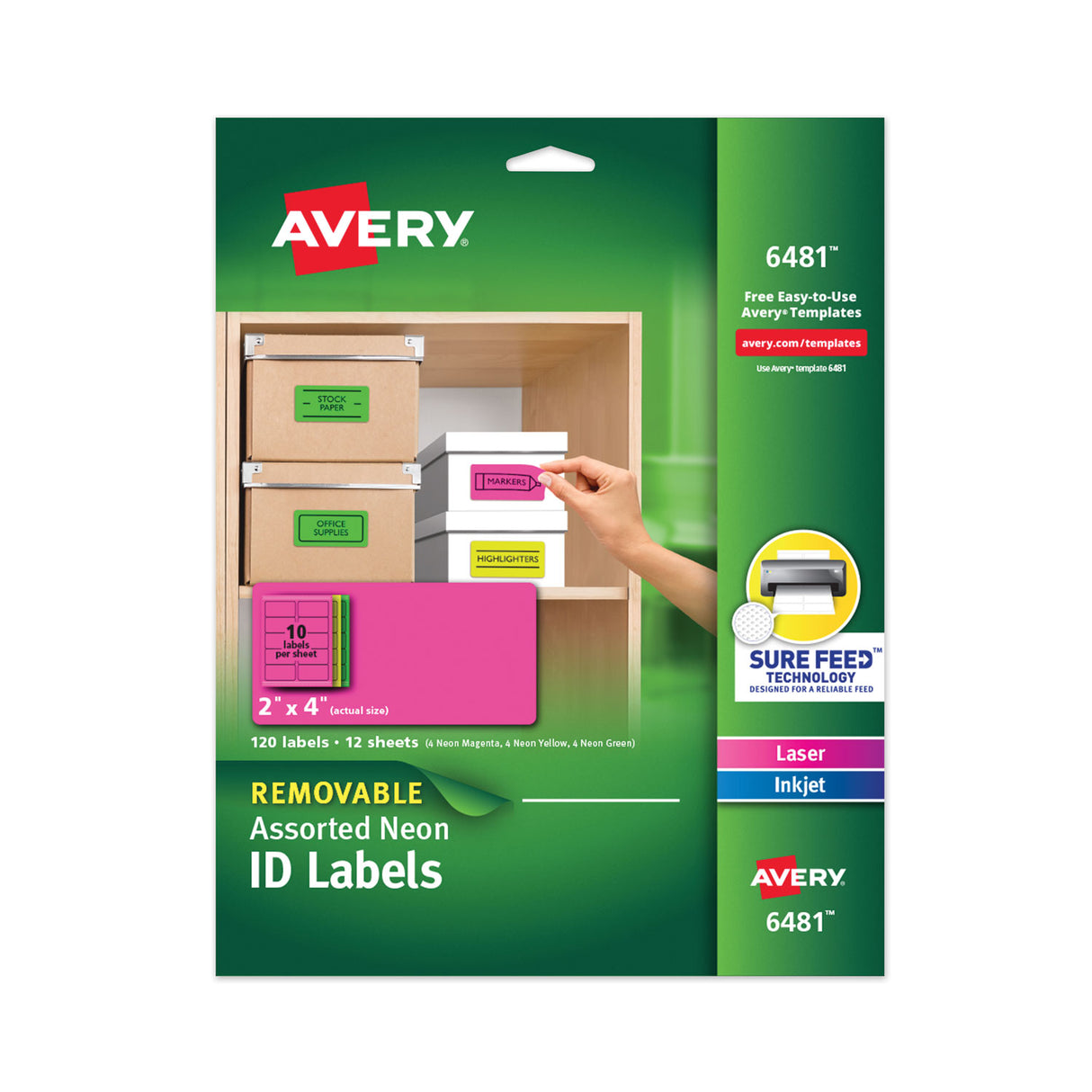 Avery High-Vis Removable Laser/Inkjet ID Labels, 2 x 4, Asst. Neon, 120/Pack (6481)