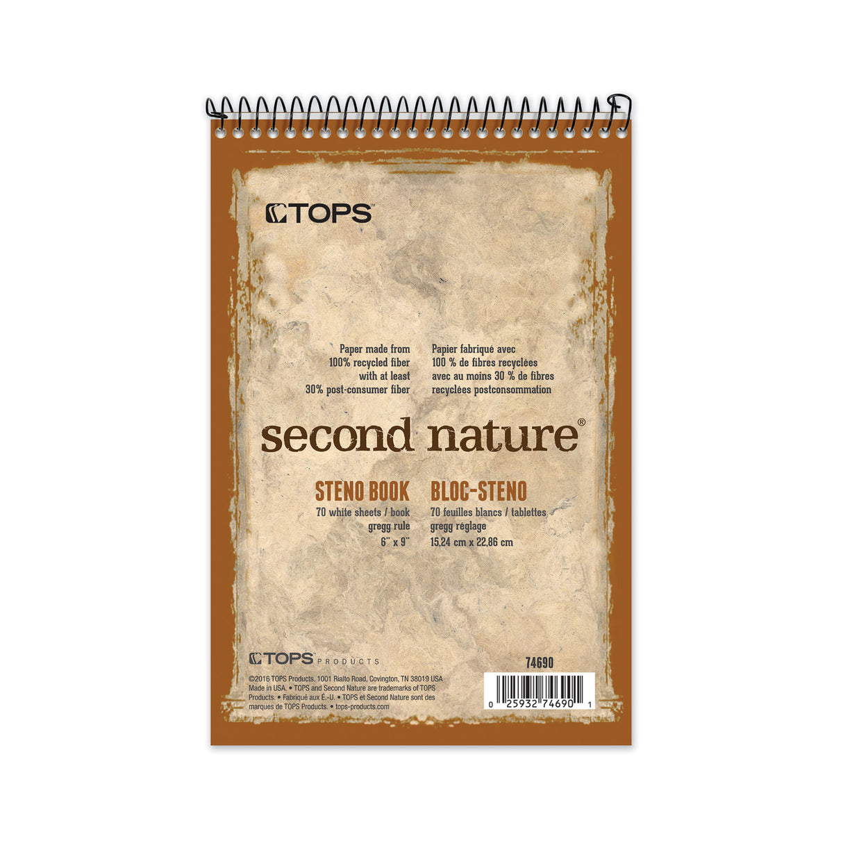 TOPS Second Nature Recycled Notepads, Gregg Rule, Brown Cover, 70 White 6 x 9 Sheets (74690)