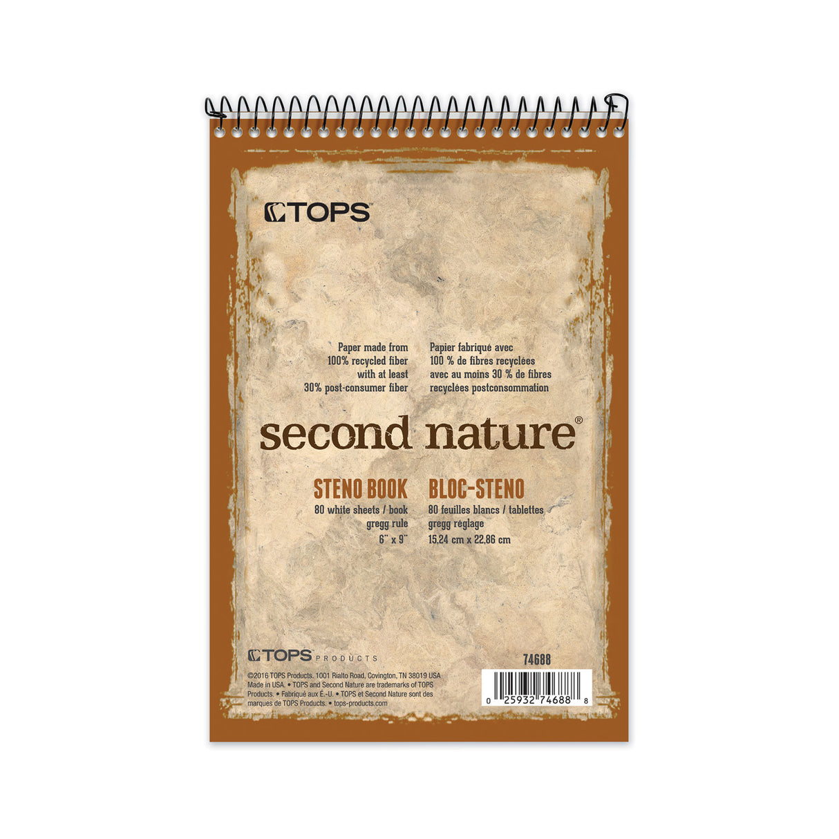 TOPS Second Nature Recycled Notepads, Gregg Rule, Brown Cover, 80 White 6 x 9 Sheets (74688)