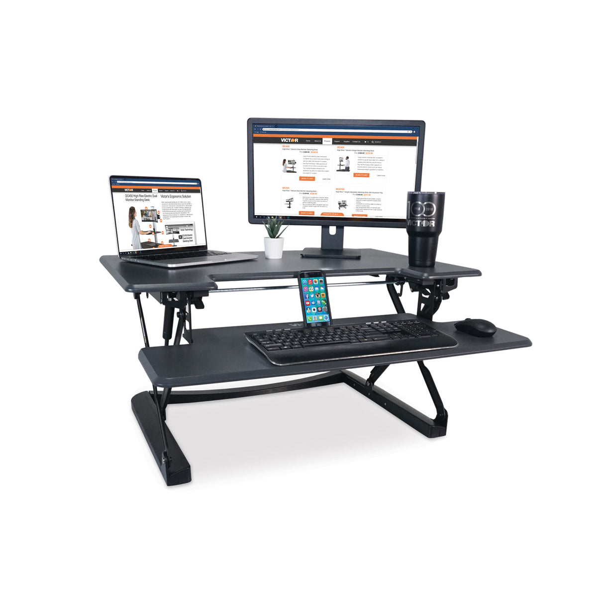 Victor High Rise Height Adjustable Standing Desk with Keyboard Tray, 36" x 31.25" x 5.25" to 20", Gray/Black (DCX760G)