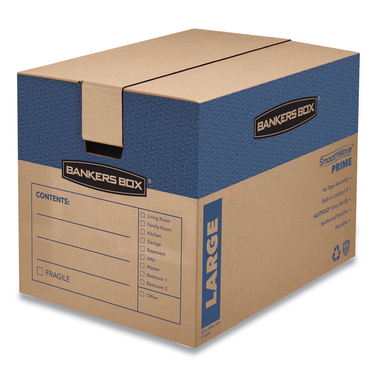 Bankers Box SmoothMove Prime Moving/Storage Boxes, Hinged Lid, Regular Slotted Container (RSC), 18" x 24" x 18", Brown/Blue, 6/Carton (0062901)