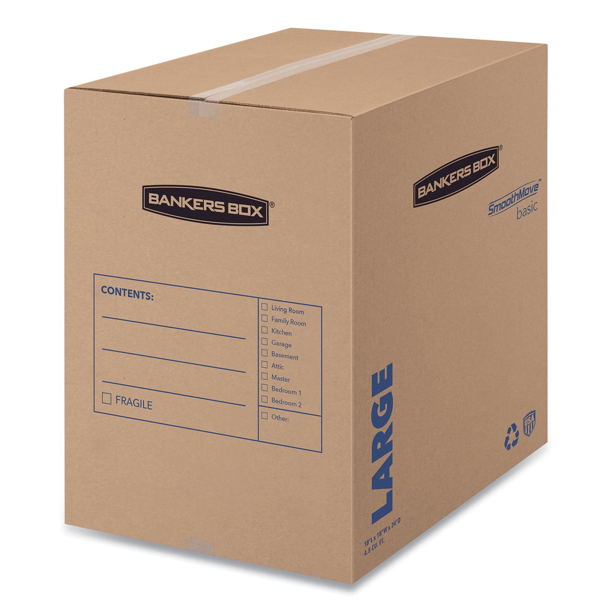 Bankers Box SmoothMove Basic Moving Boxes, Regular Slotted Container (RSC), Large, 18" x 18" x 24", Brown/Blue, 15/Carton (7714001)