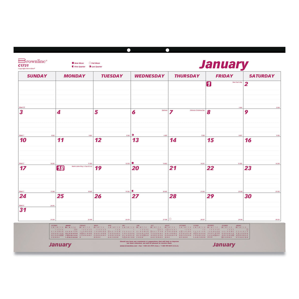 Brownline Monthly Desk Pad Calendar, 22 x 17, White/Burgundy Sheets, Black Binding, Clear Corners, 12-Month (Jan to Dec): 2025 (C1731V)