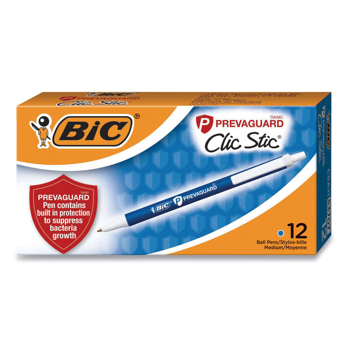 BIC PrevaGuard Ballpoint Pen, Retractable, Medium 1 mm, Blue Ink, Blue Barrel (CSA11BE)