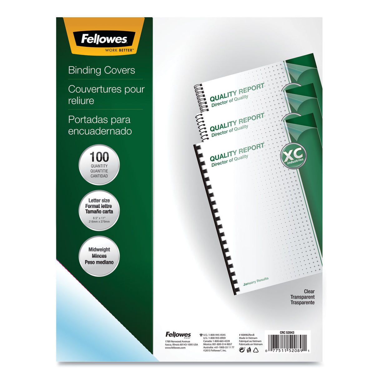 Fellowes Crystals Transparent Presentation Covers for Binding Systems, Clear, with Square Corners, 11 x 8.5, Unpunched, 100/Pack (52089)
